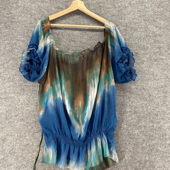 Cotton Works Blouse Women L Large Blue Colorblock V-Neck Tasseled Short Sleeve - Picture 2 of 8